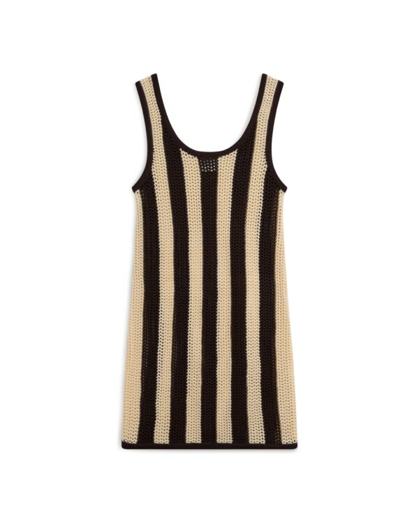 The Malta Crochet Dress by Dandy Del Mar features a sleeveless design with vertical black and beige stripes on a white background.