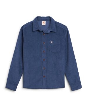 The Corsica Corduroy Shirt - Moontide by Dandy Del Mar: Blue 8-wale corduroy button-up long-sleeve shirt with a pointed collar, chest pocket, and brown buttons, tailored relaxed fit, displayed on a white background.
