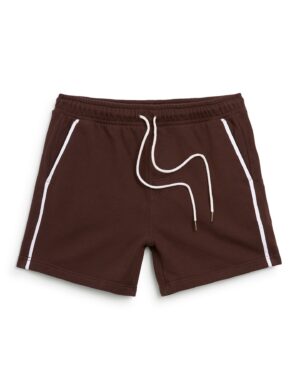 A pair of brown athletic shorts from Dandy Del Mar called The Marseille French Terry Short - Carajillo features an elastic waistband and a white drawstring. These stylish French terry shorts include white piping along the side pockets, effortlessly combining style and comfort.