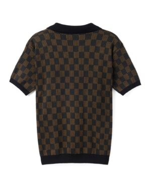 Introducing the Sebastian Knit Polo - Onyx by Dandy Del Mar: a short-sleeve knit shirt with black and brown checks, featuring a classic black collar and trim. This Italian knit blends style and comfort, ideal for summer sweater days.